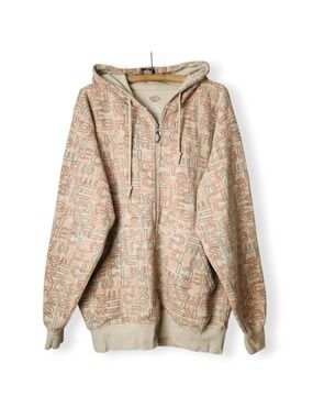 Vintage 2010 Dickies All-Over Logo Zip-Up Hoodie Beige Large
